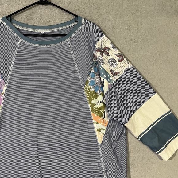 Evaless Oversized Top Navy Blue Stripe Floral Womens XL Dolman 3/4 Sleeves - Picture 1 of 13